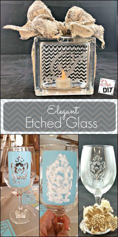 an elegant etched glass is displayed in this collage