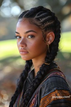 Black Woman With Cornrows, Breads Hair Styles For Black Women, Braid Trends 2024, Black Character Hairstyles, 6 Braids Hairstyles, Black Hair Braids Styles, Two Braids With Curls, Cornrow Ponytails, Cute Protective Hairstyles Black Women