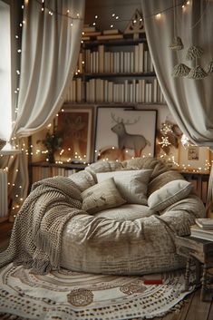 a living room filled with furniture and lots of lights on the wall above it's bookshelf