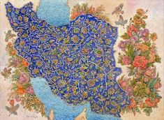 an intricately decorated map with flowers and butterflies on it's side, in blue