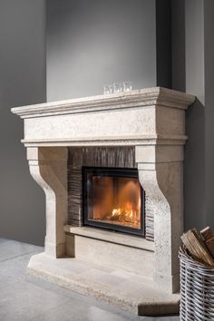 a fireplace with a fire burning in it