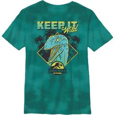 a green t - shirt that says keep it wild with an image of a dinosaur