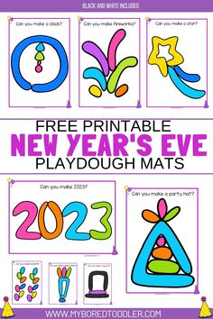 printable new year's eve playdough mats for kids to color and decorate