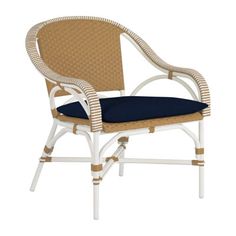 a white and blue chair with wicker armrests on an isolated white background