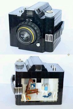 two pictures of a lego camera and the same one is made out of legos