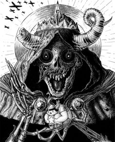 a black and white drawing of a demon with horns on it's head, holding two