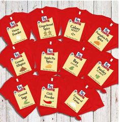 six red t - shirts with labels on them that say curry powder and chili powder