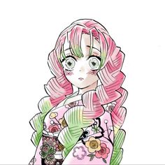 a drawing of a girl with pink hair and green eyes wearing a kimono jacket