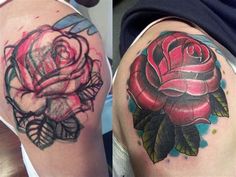 two different images of tattoos on the same person's arm and shoulder, one is showing