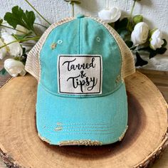 Details Vintage Distressed Trucker Cap "Tanned & Tipsy"Color: Teal Blue Distressed Material: Cotton/Polyester blend, Mesh backSize: One size fits most, with an adjustable snapback. Unisex cap. Adjustable Faded Distressed Hat, Trendy Adjustable Faded Hat, Trendy Adjustable Vintage Look Hat, Trendy Adjustable Distressed Trucker Hat, Trendy Distressed Adjustable Trucker Hat, Trucker Cap, Teal Blue, Mesh, Blue