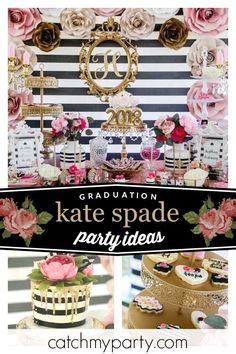 the graduation party is decorated with pink flowers and gold cake stands, black and white striped backdrop