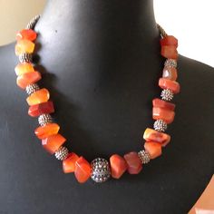 Handmade Artisan Necklace Made With Freeform Carnelian And Silver Beads, 17.5 Inches Long With Adjustable Clasp. Artisan Necklace, Handmade Artisan, Silver Beads, Color Orange, Womens Jewelry Necklace, Silver Necklace, Jewelry Necklaces, Necklaces, Women Jewelry