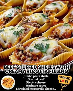 an advertisement for beef stuffed shells with creamy ricotta filling