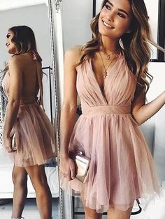 Fall Party Dress, Backless Homecoming Dresses, Mini Prom Dresses, Mini Homecoming Dresses, Tulle Homecoming Dress, Short Prom Dresses, Dress With Pleats, Pink Homecoming Dress, Graduation Dresses