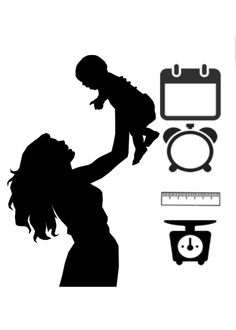 a woman holding a baby in her arms next to a weight scale and an alarm clock