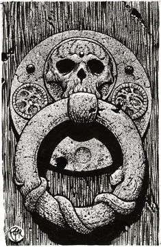 a black and white drawing of a skull in the middle of a circle with two snakes around it