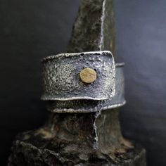 Silver and gold ring - sterling silver and gold 24k. Silver 925, textured, oxidized. Ring width approx. 1,1 cm (0.43 in), in front 1,4 cm (0,65 in). Size adjustable. Silver And Gold Ring, Silversmithing Jewelry, Oxidised Silver Jewelry, Oxidized Ring, Leather Jewels, Copper Jewellery, Unusual Rings, Artisan Rings, Unusual Jewelry