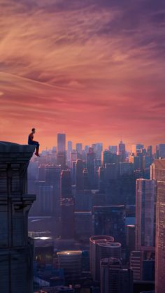 a man sitting on top of a tall building looking out at the cityscape