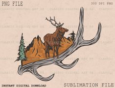 a deer standing on top of a tree branch with mountains in the background and pine trees