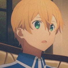 an anime character with blonde hair and green eyes looking at something in front of him