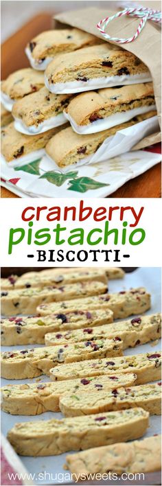 cranberry pistachio biscotti cookies on a white platter with the title