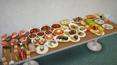 a wooden table topped with lots of food