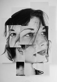 a black and white photo of a woman's face with multiple squares over it