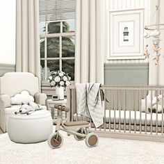 a baby's room with a crib, rocking chair and teddy bear in it