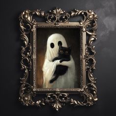 a painting of a black cat in a white ghost costume is hanging on the wall