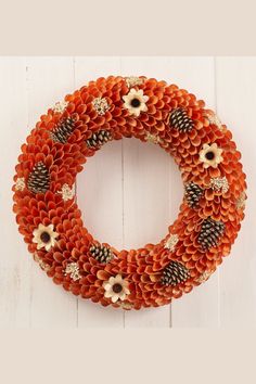 an orange wreath with pine cones and flowers hanging on a white wooden wall in front of a door