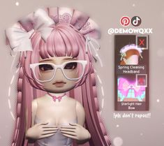 a girl with pink hair and white glasses is posing in front of an ad for demonwox