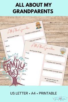 the printable family tree is shown with text that reads, all about my grandparents