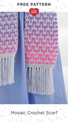 the free crochet scarf pattern is shown in pink, purple and white colors