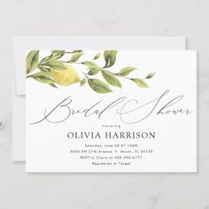 the bridal shop business card features lemons and leaves on white paper with black ink