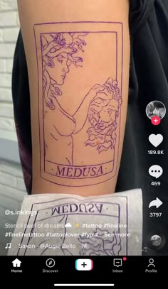 a person with a tattoo on their arm and the words medusa written in purple ink