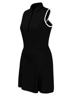 Elevate your performance golf wear with this sleek and simple women’s golf dress. The sleeveless design is well suited to the warmer weather and frees your arms up to swing comfortably. The solid color is accented with eye-catching contrasting trim at the arm holes and on the back of the dress. Four-way stretch moves with you while flattering TrueSculpt™ technology acts as built-in shapewear so you can look and feel your best. Opti-Dri™ moisture-wicking technology helps keep you comfortable as y Sporty Sleeveless Black Tennis Dress, Black 4-way Stretch Dress, Elegant Fitted Sleeveless Tennis Dress, Black 4-way Stretch Sleeveless Dress, Black Sleeveless 4-way Stretch Dress, Black Sleeveless Dress With 4-way Stretch, Black Sleeveless Sports Dress, Sleeveless 4-way Stretch Tennis Dress, Golf Dress