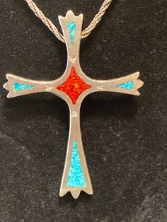 "Vintage Beautiful Sterling Silver Cross Pendant and Chain Necklace, 23-1/2\" long, Cross is 2-1/4\" long, 1-1/2\" wide, Blue and Red Enamel. Buyer pays 7.99 shipping and handling in US only. Message me with questions. Thanks for looking." Southwestern Blue Cross Jewelry, Collectible Blue Inlay Necklace, Southwestern Style Blue Cross Jewelry, Handmade Red Cross Pendant Jewelry, Artisan Red Collectible Necklaces, Handmade Red Cross Jewelry, Vintage Red Cross Jewelry, Enamel Cross, Sterling Silver Cross Pendant