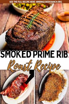 grilled prime rib roast recipe on a white plate with text overlay that reads smoked prime rib roast recipe