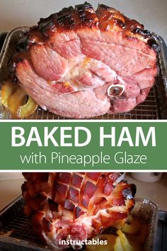 baked ham with pineapple glaze is shown in the foreground and on the right