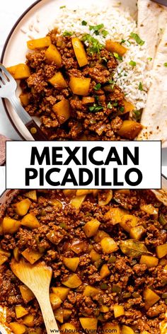 mexican picadillo in a bowl with rice and tortilla on the side