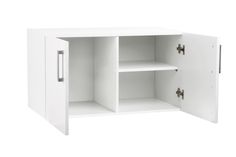 a white cabinet with two open doors