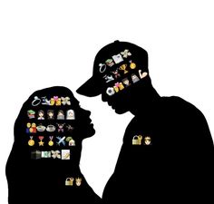 two people are facing each other with their faces covered in many different things on them