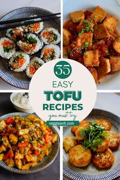 five different types of food on plates with the words 55 easy tofu recipes you must try