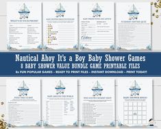 nautical baby shower games with gold confetti on the bottom and an image of a sailboat