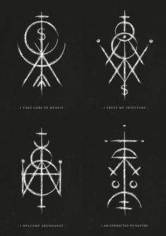 four different types of symbols on a black background