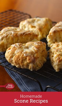 some biscuits are cooling on a rack with the words homemade scone recipes written below