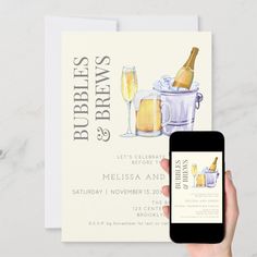 Bubbles and Brews Engagement Party Invitation  Zazzle Bubbles And Brews Engagement Party, Couple Shower, Engagement Party Invitations, Lets Celebrate, Wedding Shower, Engagement Party, Bachelorette Party, The Hamptons