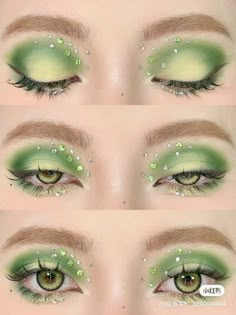 Green Eye Makeup With Rhinestones, Fairy Green Makeup, Tiana Inspired Makeup, Portals Inspired Makeup, Green And Pink Makeup Looks, Green Mermaid Makeup, Green Rhinestone Makeup, Fairy Makeup Green, Tiana Makeup