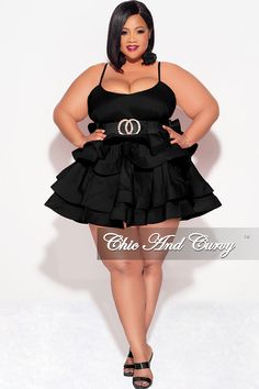 Semi-stretch dress Square neckline Sleeveless Adjustable straps Ruffles No closure Belt sold separately 90% polyester 10% spandex Dry clean only Model is wearing a 2X Plus Size Black Dress Outfit, Plus Size Birthday Outfits, Tiered Ruffle Mini Dress, Plus Size Black Dresses, Chic And Curvy, Angel Artwork, Birthday Inspo, Busty Fashion, Black Dress Outfits