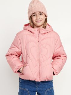 built-in hood long sleeves full length zipper all-over pattern welt pockets water resistant loose fit hits at hipmachine wash according to the care instruction label Pink Puffer Jacket, Jacket For Girls, Quilted Puffer Jacket, Family Pajamas, Girl Coat, Girls Jacket, Puffer Jacket, Welt Pockets, Toddler Boys